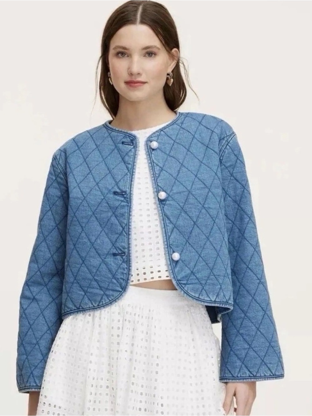 kate spade Quilted Light Blue Pearl-Button Denim Jacket